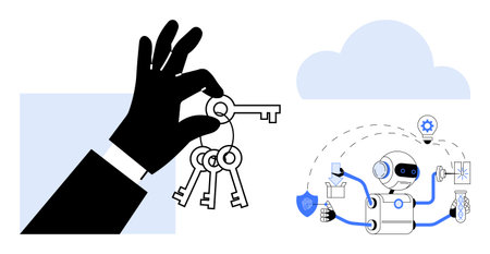 Black hand holding keys and futuristic robot performing various digital tasks with cloud icon. Ideal...