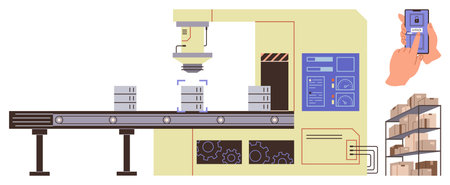 Robotic arm assembling goods on a conveyor belt, shelves with finished products, remote control...