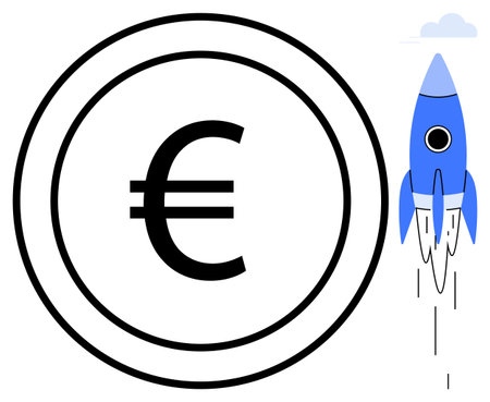 Euro symbol inside a coin circle with a launching rocket. Ideal for finance, growth, investment, business success, innovation, startup, and progress concepts. Simple flat metaphorのイラスト素材