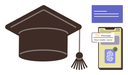 Graduation cap, smartphone with fingerprint scanning, code verification, and text envelope. Ideal for education, security, verification, authentication, online learning identity technology conceptのイラスト素材