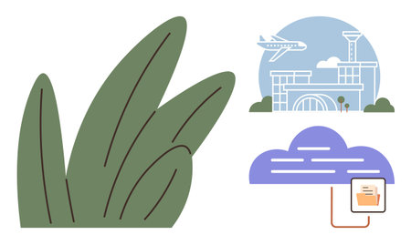 Green leaves, airport building with airplane, and cloud technology emphasize eco-travel and digital...