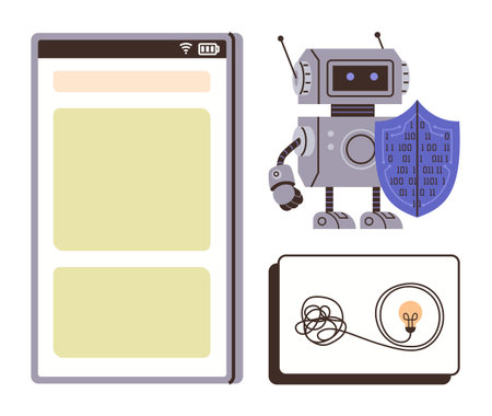 Robot holding shield beside smartphone interface and tangled wire with bulb. Ideal for cybersecurity, AI, innovation, digital protection, technology concepts, creative thinking, future trends. Simpleのイラスト素材