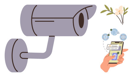 Surveillance camera with wireless connectivity, hand holding a smartphone receiving security alert....