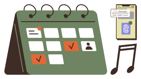 Table calendar with marked dates in focus, smartphone displaying a security code and fingerprint authentication, and a music note. Ideal for organization, security, planning, schedulingのイラスト素材
