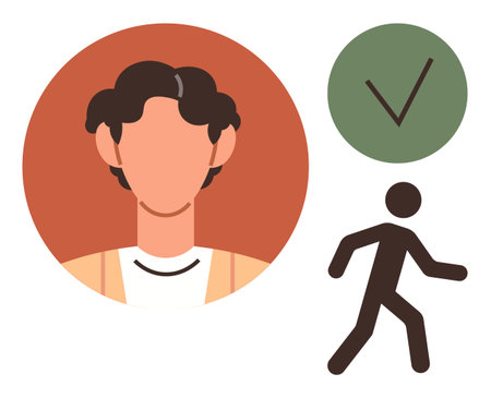 Minimalistic male profile avatar alongside a green checkmark and walking figure. Ideal for identity confirmation, user verification, approval processes, personal profile, movement, decision-makingのイラスト素材