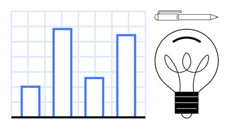 Business strategy, data analysis, innovation, progress, creativity, professional tools. Bar chart, lightbulb and pen on a white background. Business strategy and data analysis conceptのイラスト素材