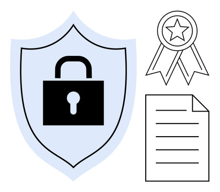 Cybersecurity, data protection, privacy measures, compliance, information safety, and authentication. Shield with a lock, award badge and a document icon. Cybersecurity and data protection themeのイラスト素材