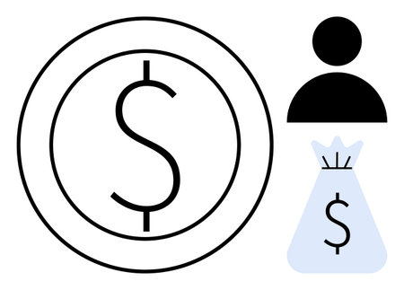 Dollar sign on coin, money bag, and user icon symbolizing finance, income, and savings. Ideal for banking, personal finance, payment systems, e-commerce budgeting investments and wealth managementのイラスト素材