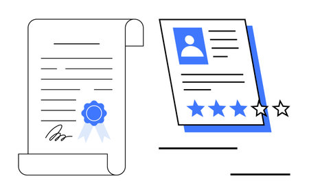 Signed certification scroll with ribbon and a profile card featuring a star rating system. Ideal for education, career, validation, achievement, professionalism, quality, evaluation concepts. Simpleのイラスト素材
