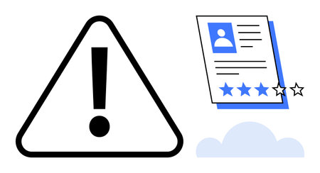 Exclamation mark in a triangle, user profile with a rating of four stars, and a cloud icon. Ideal...