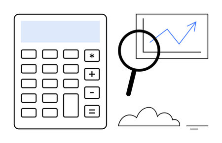 Financial analysis. Calculator, magnifying glass, and growth chart to financial analysis and data review. Financial analysis for business planning, budgeting, investment, analytics, and reportingのイラスト素材