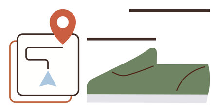 Map with route pin and arrow paired with a green sneaker. Ideal for navigation, fitness, outdoor...