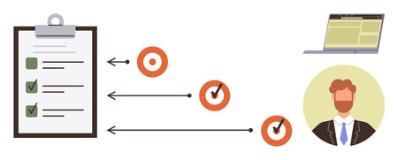 To-do list clipboard linked to target icons, team avatar, and laptop. Ideal for productivity,...