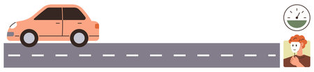 Orange car moving on a dashed-line road, speedometer icon, and woman driver with red hair. Ideal for...