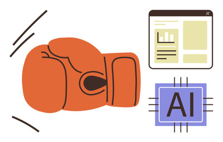 Boxing glove representing challenge, AI chip symbolizing technology, and data interface suggest innovation. Ideal for teamwork, competition, strategy, analytics, progress, technology digitalのイラスト素材