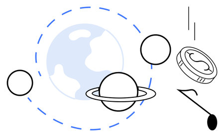 Planet with orbiting rings and floating coins signifying space, economy, and innovation. Ideal for finance, sustainability, economy, astronomy, technology education teamwork. Simple flat metaphorのイラスト素材