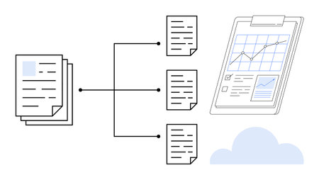 Stack of documents linked to smaller files, a clipboard with graphs and charts, and a cloud illustration. Ideal for data organization, file management, cloud storage, workflow optimizationのイラスト素材