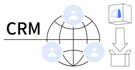 CRM text beside a globe with user icons, a box with a shopping bag, and an arrow pointing to an open box. Ideal for customer relationship, logistics, e-commerce, network, delivery, business flatのイラスト素材