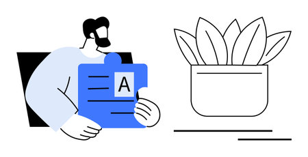 Person holding a puzzle piece with text next to a lined drawing of a plant in a pot. Ideal for collaboration, education, creativity, growth, teamwork, problem-solving, sustainability, simple flatのイラスト素材