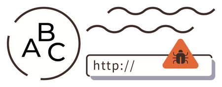 Bug warning sign next to a web link, wavy lines, and alphabet letters in a circle. Ideal for cybersecurity, warnings, malware, online safety, hacking prevention, alerts simple flat metaphorのイラスト素材