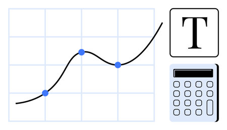 Line graph with curve and blue data points, calculator, and text icon. Ideal for analytics, statistics, financial planning, math education, business strategy, growth tracking simple flat metaphorのイラスト素材