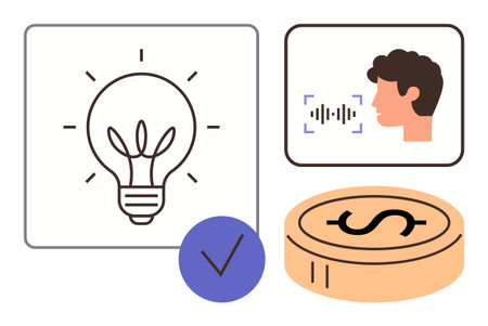 Light bulb for idea, face with soundwave for voice recognition, checkmark for verified decision, and coin for financial growth. Ideal for innovation, AI, technology, authentication, financialのイラスト素材