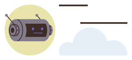 Robot with antennae against a yellow circle beside a cloud and dashed lines suggesting connectivity. Ideal for technology, AI, communication, innovation, cloud computing, automation, futuristicのイラスト素材