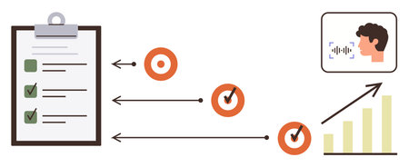 Clipboard checklist, voice recognition, task flow with arrows and targets, rising bar graph. Ideal for productivity, task planning, voice assistance, process optimization, performance tracking goalのイラスト素材