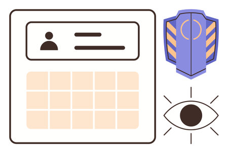 ID badge with user details, eye for visibility, shield for protection. Ideal for cyber security, personal data, access control, online identity, safety, transparency simple flat metaphorのイラスト素材