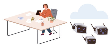 Woman seated at office desk using tablet beside papers and plants, connected to clouds with smiling AI robots. Ideal for AI, remote work, automation, innovation, collaboration, technology, modernのイラスト素材