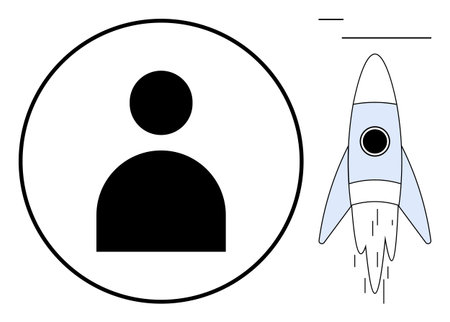 Black user profile symbol in a circle paired with a launching rocket. Ideal for innovation, entrepreneurship, growth, startup, motivation, personal development, futuristic concept. Simple flatのイラスト素材