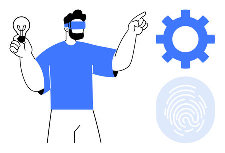Man wearing VR headset holding a lightbulb while pointing at a cogwheel and fingerprint graphics. Ideal for innovation, technology, virtual reality, creativity, identity, futuristic design, simpleのイラスト素材