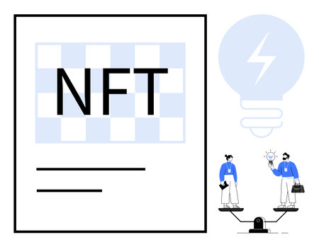 Digital NFT concept with large text, abstract checkerboard background, scales balancing individuals, and a glowing light bulb. Ideal for blockchain, innovation, investment, technology, art marketsのイラスト素材