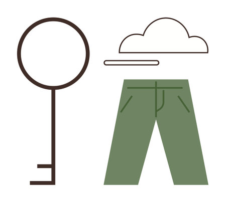 Oversized key, green pants, and a simple cloud float against a white space, creating abstract harmony. Ideal for creativity, freedom, security, simplicity, individuality innovation and perspectiveのイラスト素材
