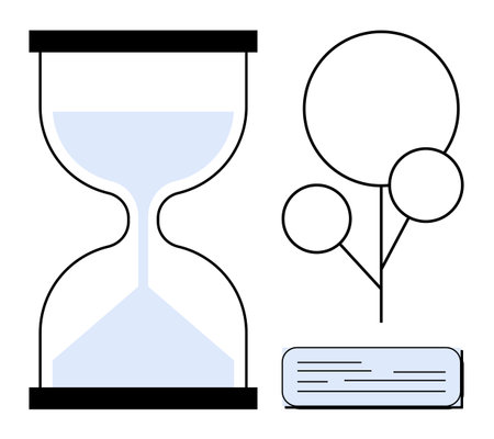 Hourglass symbolizing time flow, minimalist branching tree design, and text block signifying personal note or information. Ideal for time management, growth, learning, mindfulness, progressのイラスト素材