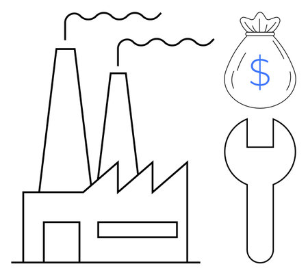 Factory with two smokestacks emitting smoke, oversized wrench, and money bag marked with a dollar sign. Ideal for industry, manufacturing, finance, profitability, repair, production economyのイラスト素材
