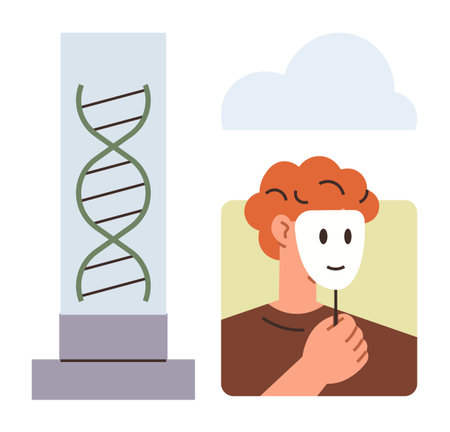 DNA strand in a glass case next to a person holding a mask. Ideal for identity, authenticity, genetics, analysis, human nature, introspection, self-discovery. Simple flat metaphorのイラスト素材