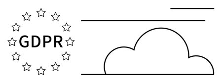 GDPR text in a circular arrangement of stars, next to a cloud outline. Ideal for data privacy, cybersecurity, cloud storage, data management, regulations, digital rights, simple flat metaphorのイラスト素材