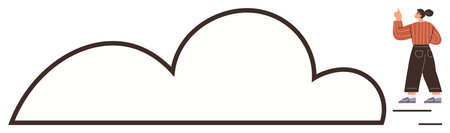 Woman with raised hand pointing at a large cloud contour, symbolizing creativity, inspiration, data storage, innovation, sustainability, business vision, and imagination. Ideal for digitalのイラスト素材