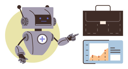 Friendly robot pointing at a rising graph on screen beside a briefcase. Ideal for technology, automation, business, AI, innovation, data, and management concepts. Simple flat metaphorのイラスト素材