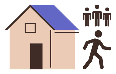 Brown house with blue roof, one person walking away, a small group waiting nearby. Ideal for themes of home life, community, movement, social dynamics, decision-making, independence transitionsのイラスト素材