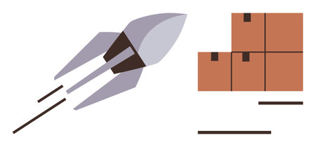 Rocket blasting off symbolizes speed, stacked boxes indicate shipment. Ideal for logistics, innovation, ecommerce, startups, fast delivery, futuristic ideas business growth. Simple flat metaphorのイラスト素材