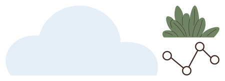 Large cloud shape, green leafy plant, and data network with connected nodes. Ideal for sustainability, data storage, cloud computing, technology, environment innovation clean energy. Simple flatのイラスト素材