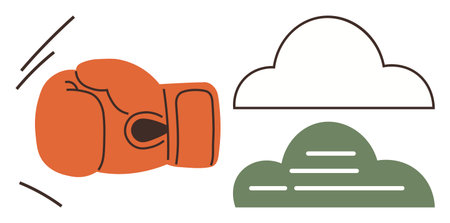 Boxing glove in action near abstract clouds, symbolizing overcoming obstacles and achieving goals. Ideal for sports, resilience, conflict, energy, motivation, strategy and ambition. Simple flatのイラスト素材