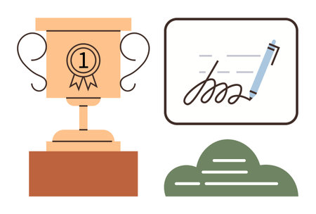 Trophy with number one badge, signature board with pen, and abstract cloud. Ideal for achievement, success, competition, excellence, certification, accomplishment and goals in a simple flat metaphorのイラスト素材