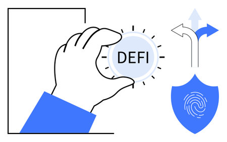 Hand holds DeFi token, blue fingerprint shield represents security, diverging directional arrows suggest decision-making. Ideal for finance, technology, decentralization, innovation, blockchainのイラスト素材