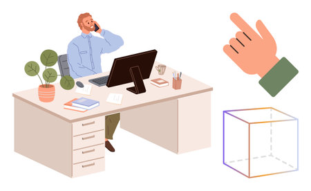 Professional at desk making a phone call, potted plants on desk, digital hand gesture, wireframe cube. Ideal for communication, office work, teamwork, tech organization design creativity. Simpleのイラスト素材