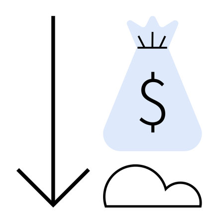 Arrow pointing downward, bag with dollar symbol, and cloud icon representing money transfer, cloud storage, or digital financial services. Ideal for fintech, cloud computing, banking, e-commerceのイラスト素材