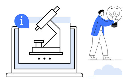 Microscope displayed on a laptop screen and a person carrying a light bulb representing innovation. Ideal for science, research, education, technology, discovery, creativity, inspiration, simple flatのイラスト素材