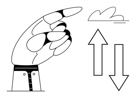 Hand pointing upward, paired with upward and downward arrows and a cloud. Ideal for growth, choice, progress, navigation, business, strategy decision-making. A simple flat metaphorのイラスト素材